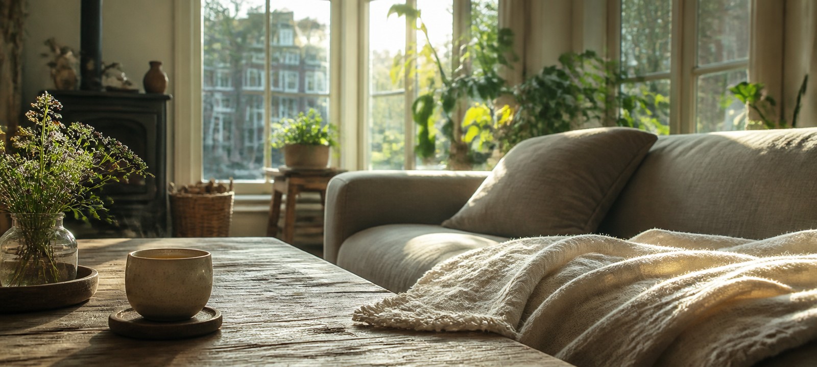Rustige ochtend na een truffeltrip, warm licht door een raam met planten