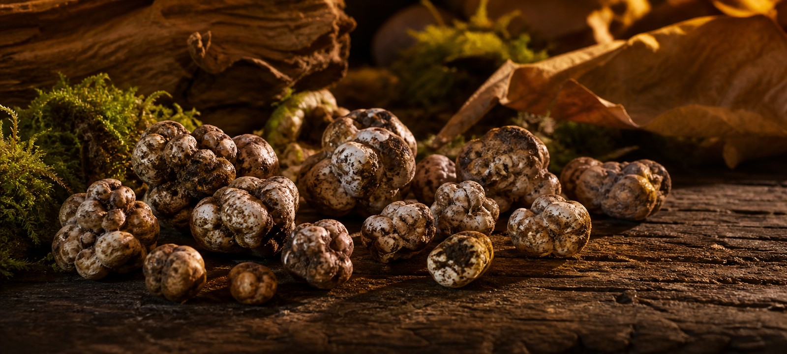 High Hawaiians magic truffels op een houten ondergrond met warm licht