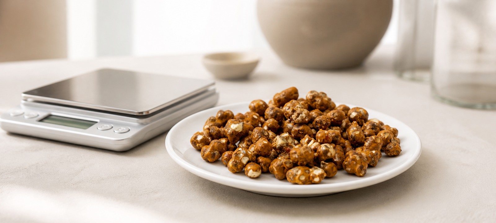 Psilocybe Mexicana magic truffels op een bord naast een weegschaaltje