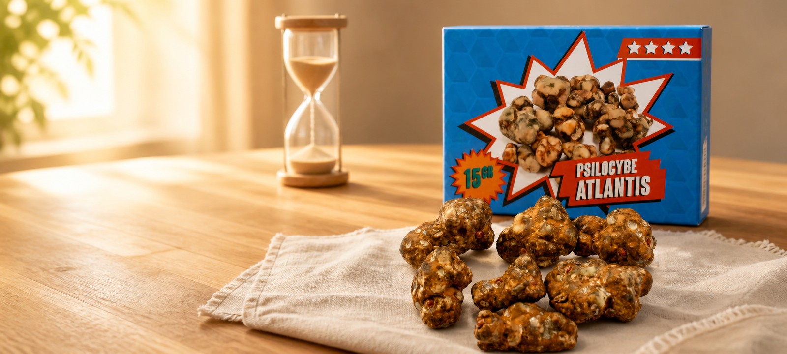 Magic truffels op een houten tafel met een zandloper, wachttijd tussen trips