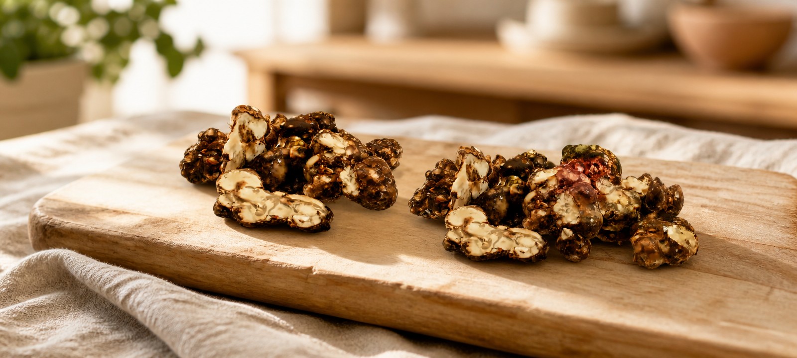 Double Vision magic truffels op een houten snijplank, twee groepjes sclerotia in warm daglicht