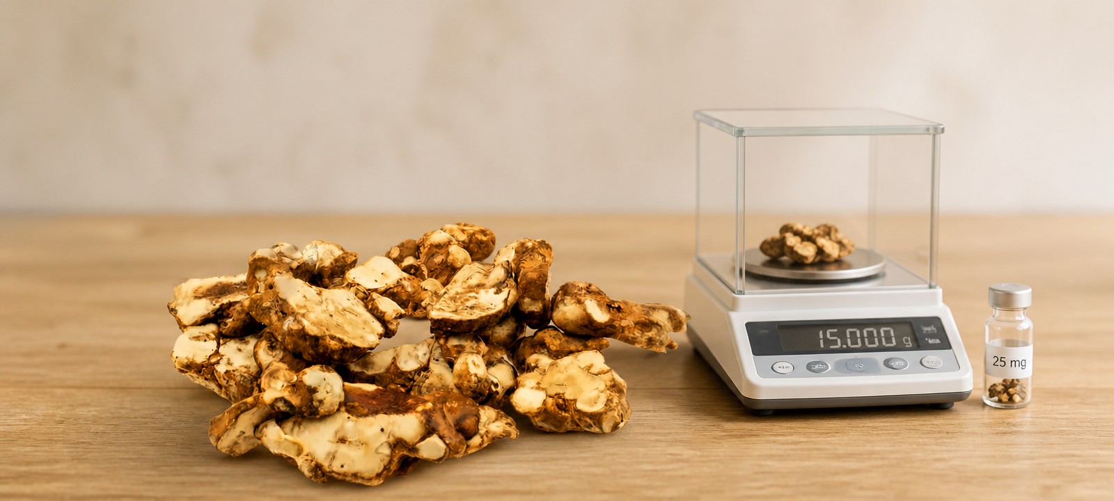 Verse magic truffels op een houten tafel naast een analytische weegschaal