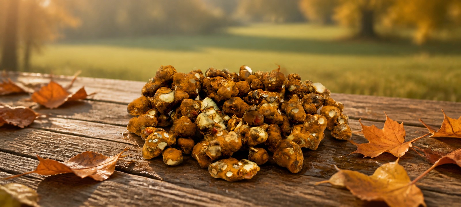 Verse magic truffels op een houten tafel met herfstbladeren