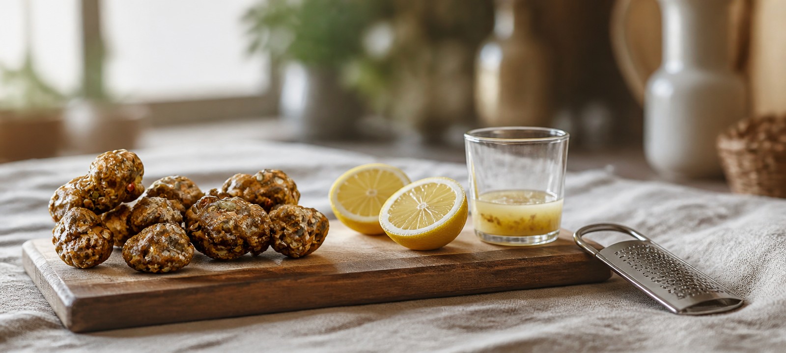 Verse magic truffels met citroenen en een glas citroensap op een houten snijplank, klaar voor lemon tek