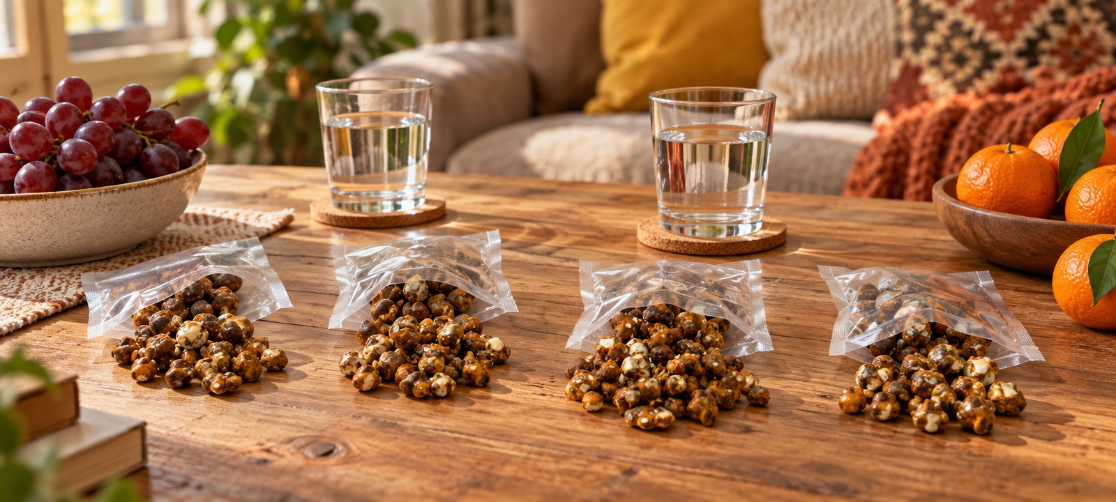 Vier porties magic truffels op een houten tafel met druiven, mandarijnen en glazen water