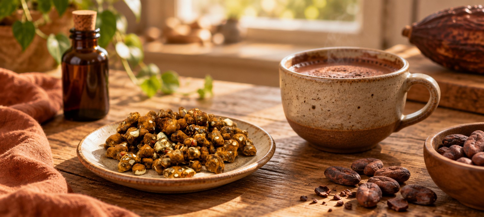 Ceremoniële cacao shot naast verse Mexicana truffels op een houten tafel