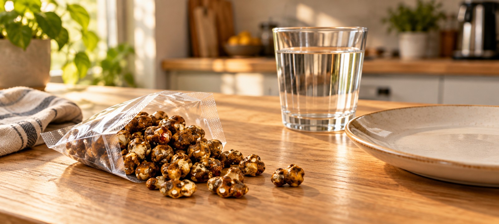 Zakje truffels op een houten tafel met een glas water en een leeg bord