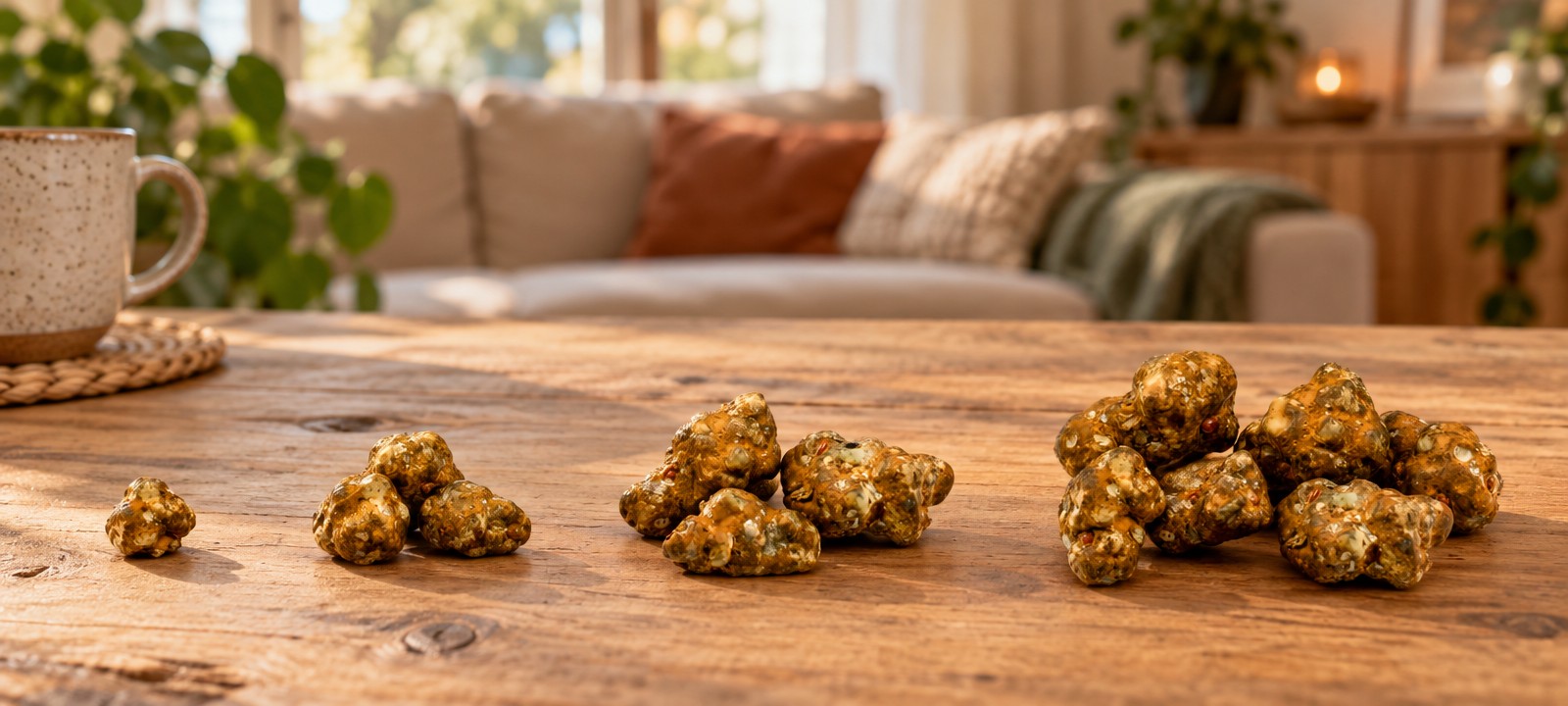 Verschillende soorten magic truffels naast elkaar op een houten tafel