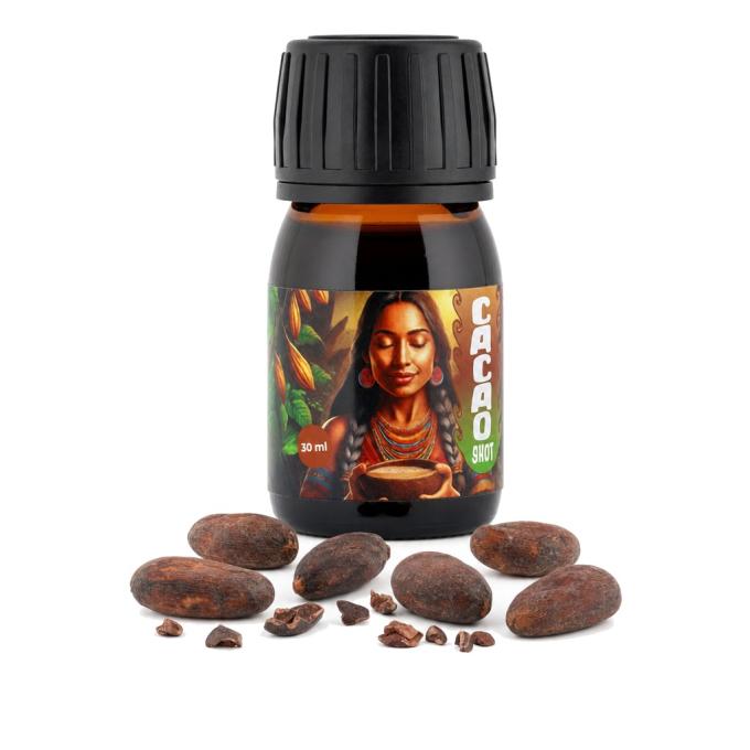 Ceremoniële Cacao Shot 30 ml flesje met rauwe cacaobonen